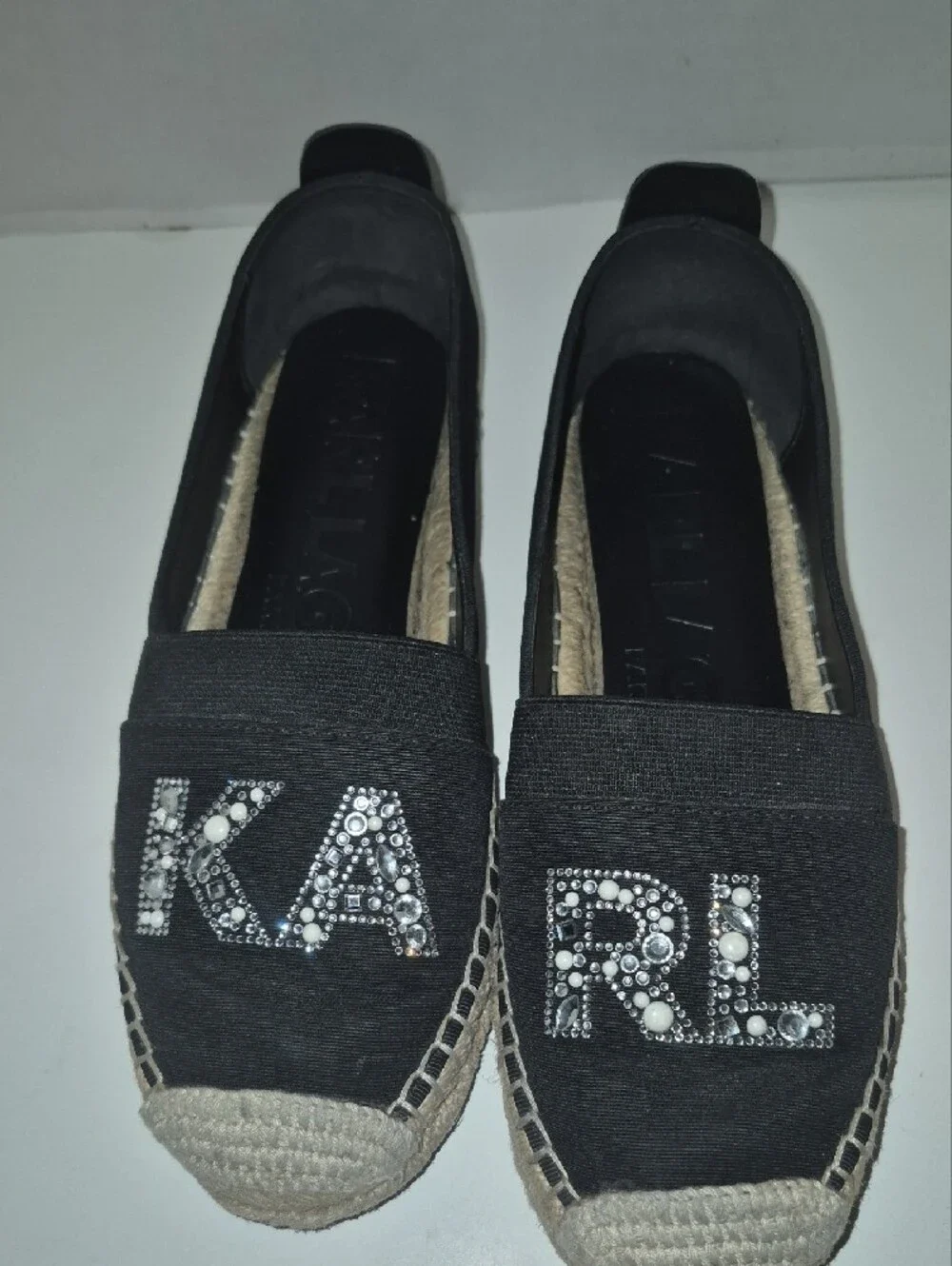 Karl Lagerfeld Black Espadrille Slip-On Flats with Crystal Logo